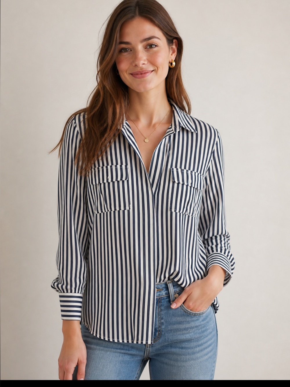 RUSSELL KEMP Blue & White Striped Blouse Size S NWOT